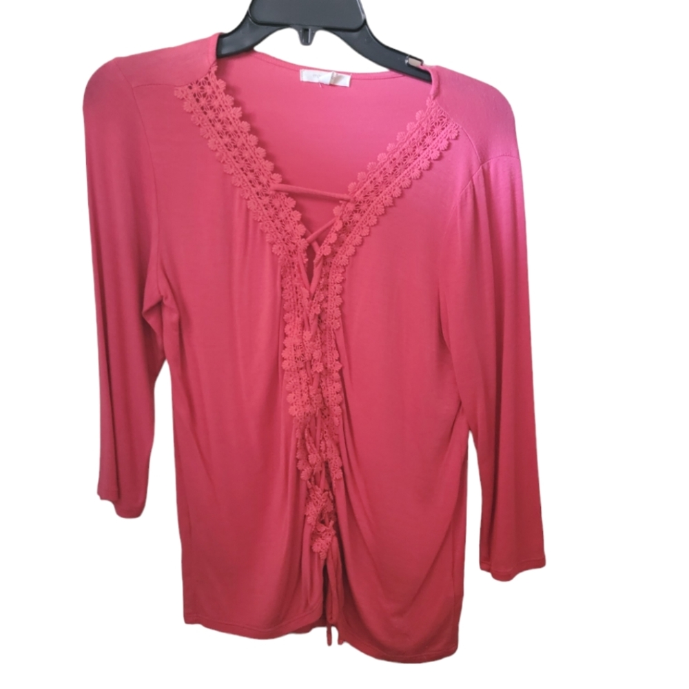 Peach color, tie down design, blouse.